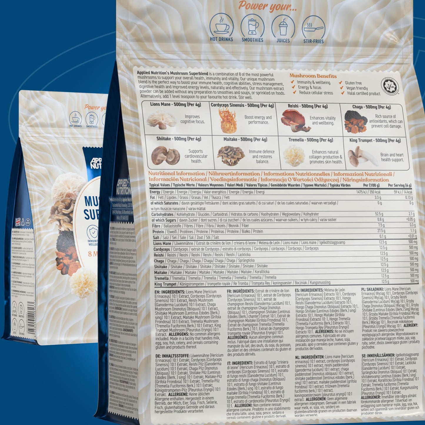 Applied Nutrition Mushroom Superblend - Lions Mane, Reishi, Chaga, Shiitake, Maitake, Tremella, Cordyceps Sinensis, King Trumpet | Vegan & Gluten Free (160g – 40 Servings)