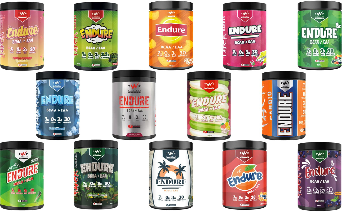 TWP Nutrition Platinum Series Endure, EAAs & BCAAs Electrolyte Blend Pre, Intra and Post Workout, Zero Sugar, 510g and 30 Servings, 18 Great Flavours (Raspberry Lime)