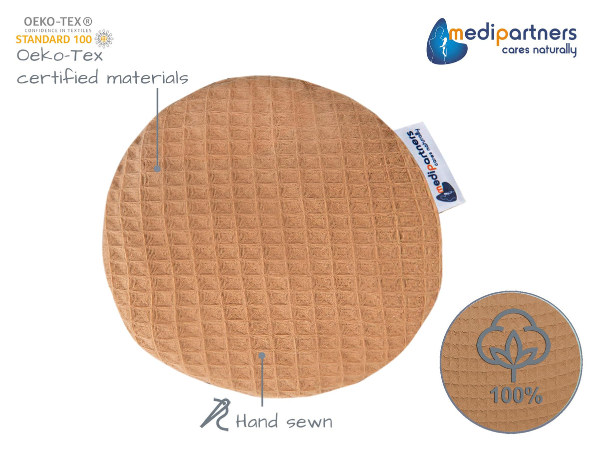 Medi Partners Cherry Stone Cushion Heat Pillow for Babies 180g Round 15cm Eco Natural 100% Cotton Heat and Cold Therapy Massage Therapy (Brown)