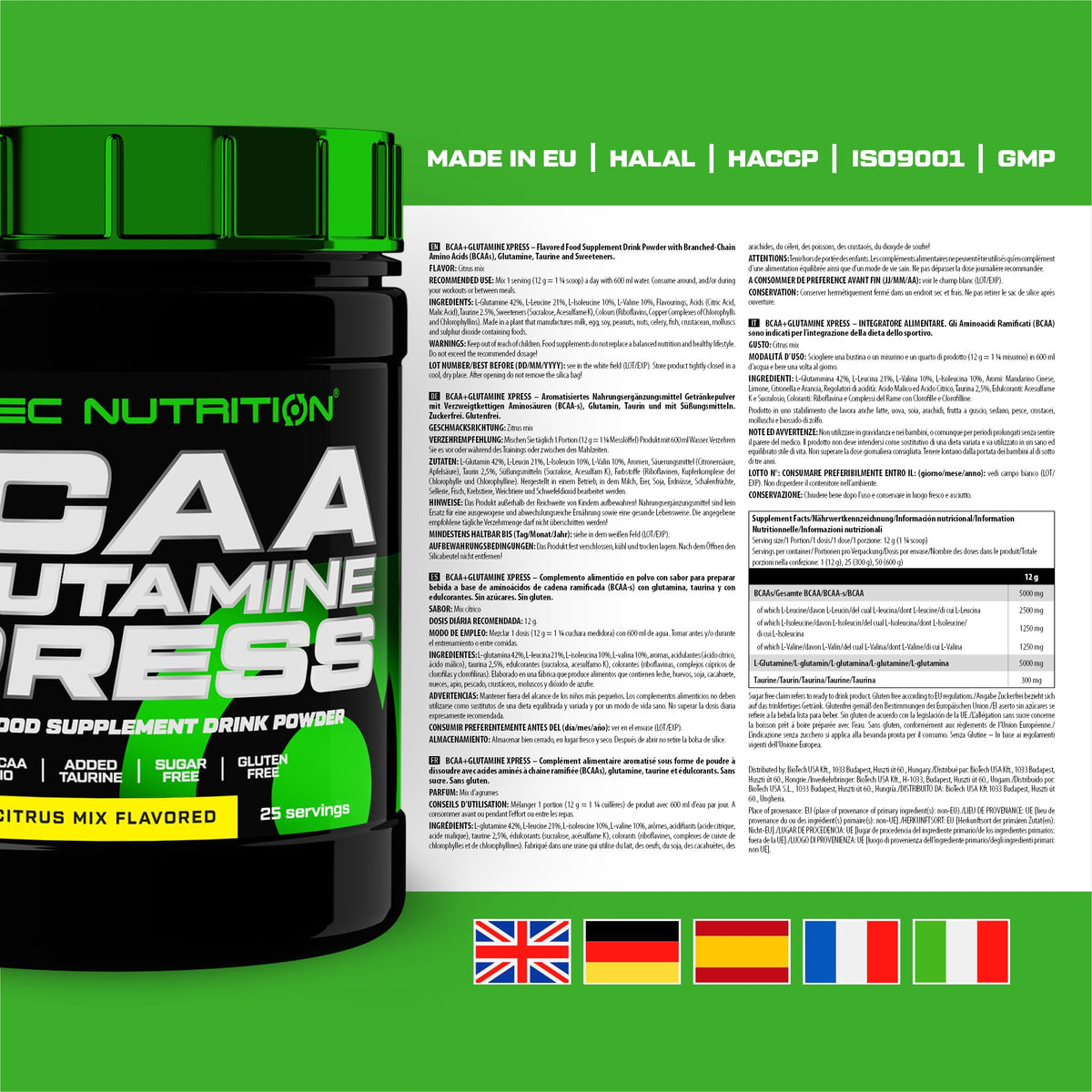 Scitec Nutrition BCAA + Glutamine Xpress – Essential Amino Acid Blend – with 5g 2:1:1 BCAAs – 5g Glutamine – Fortified with Taurine, 300 g, Citrus Mix