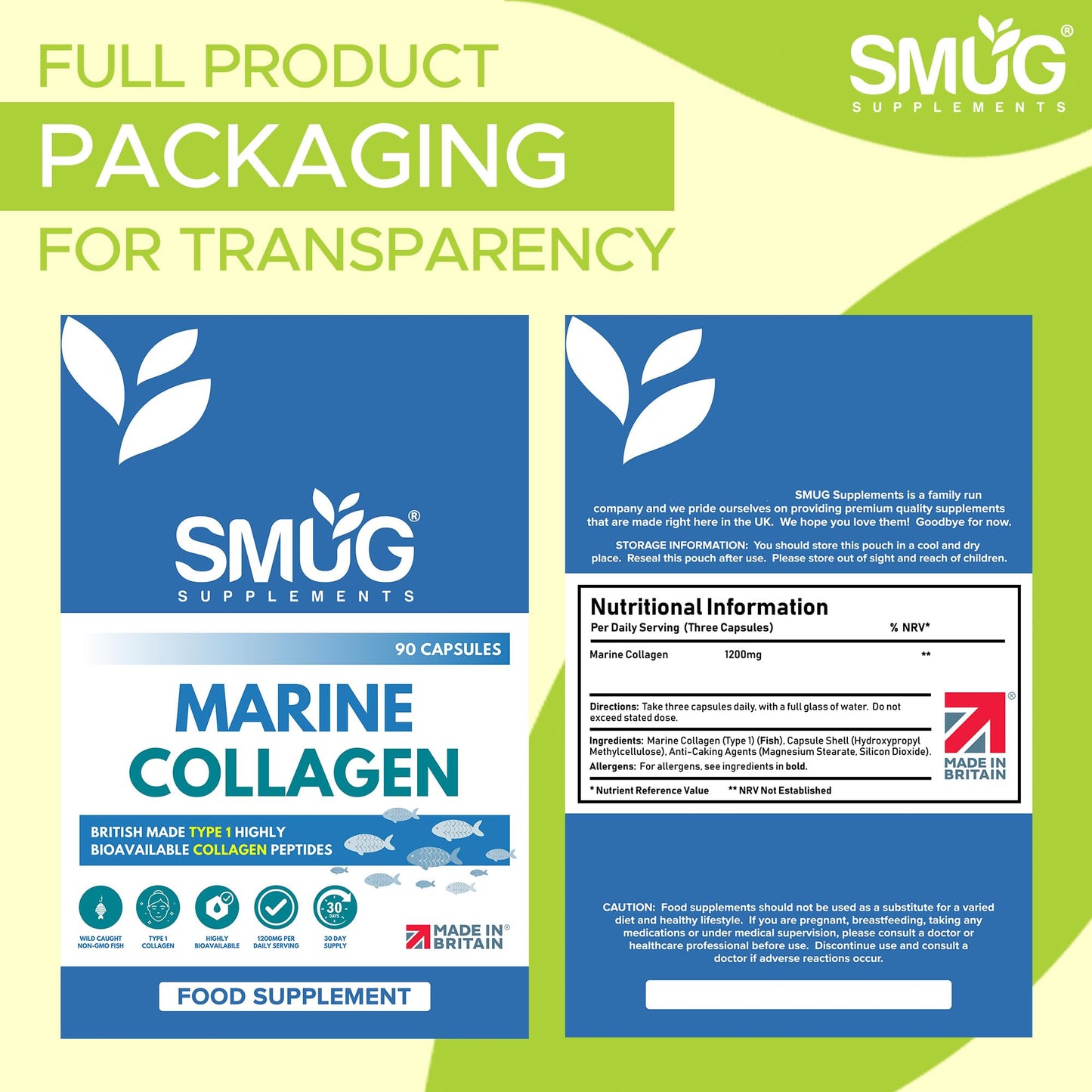 Marine Collagen British Made by SMUG Supplements - 90 Capsules - Type 1 Peptides - 1200mg Daily Serving of Collagen Powder in Three-a-Day Capsules - 30 Day Supply - Suitable for Both Men and Women