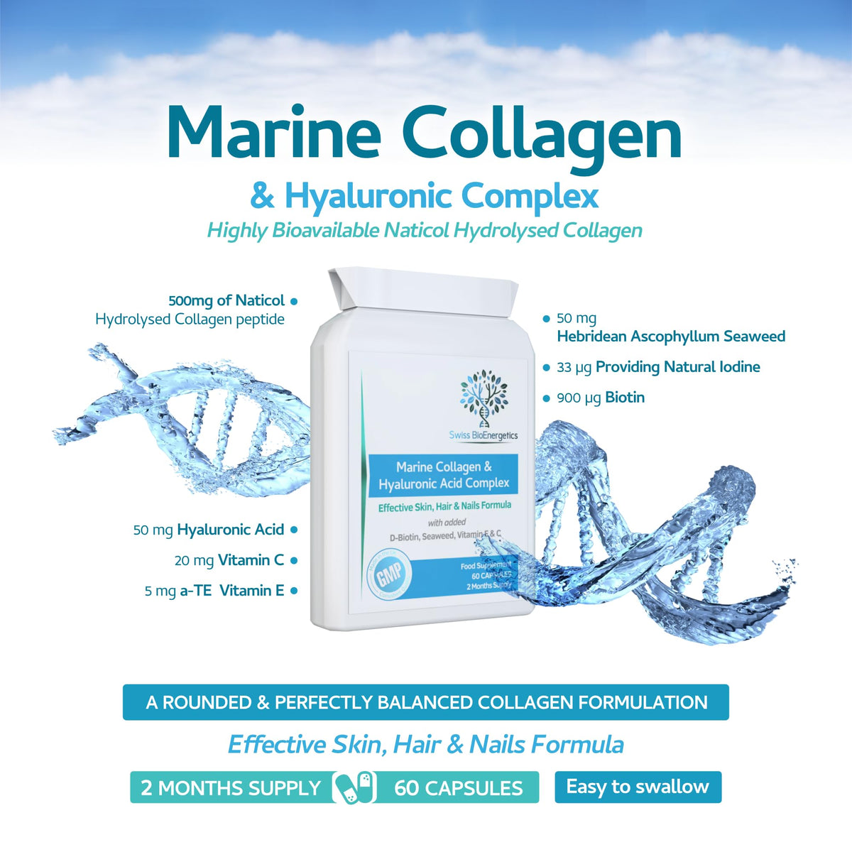 swiss bioenergetics Marine Collagen & Hyaluronic Acid Complex - 60 Capsules - 500mg of Highly Bioavailable Naticol® Hydrolysed Collagen