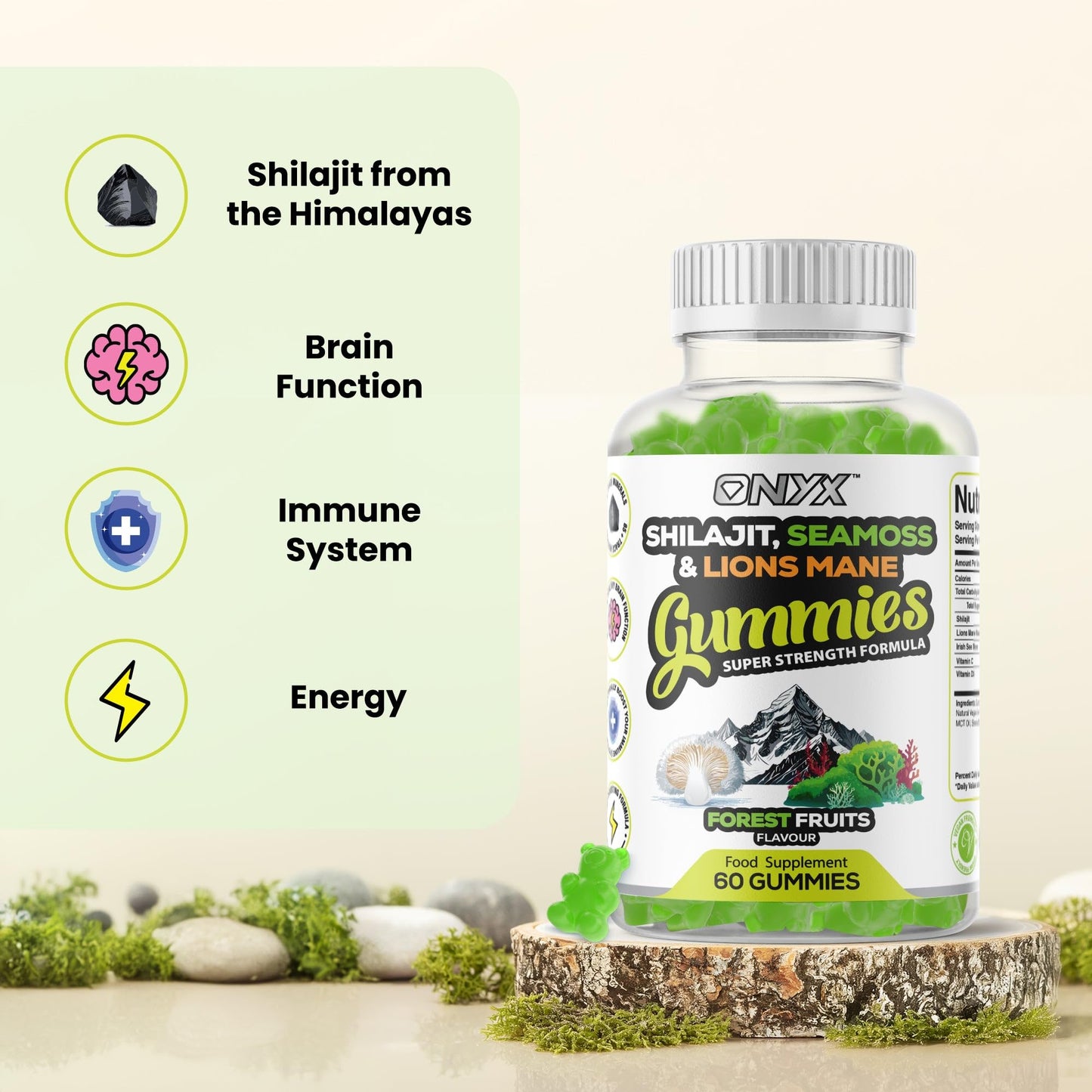 ONYX NUTRA Shilajit, Sea Moss & Lion's Mane Gummies - 3000mg Adaptogen Blend with Vitamin D3 & C - 3 in 1, Immune Support & Energy Booster 85+ Trace Minerals - Vegan Friendly- 120 Gummies (60 Servings)