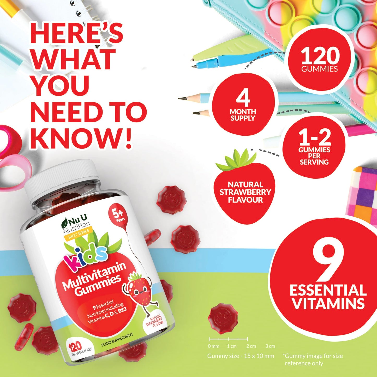 Multivitamin for Kids (5+) - 120 Vegan Gummies - 4 Month Supply - Tasty Strawberry Flavour - Kids Vitamins Including C, D & B12 - Made in The UK by Nu U Nutrition