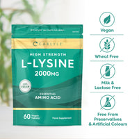 L-Lysine 2000mg Tablets | 60 Count | High Strength Vegan Supplement | Essential Amino Acid | by Carlyle