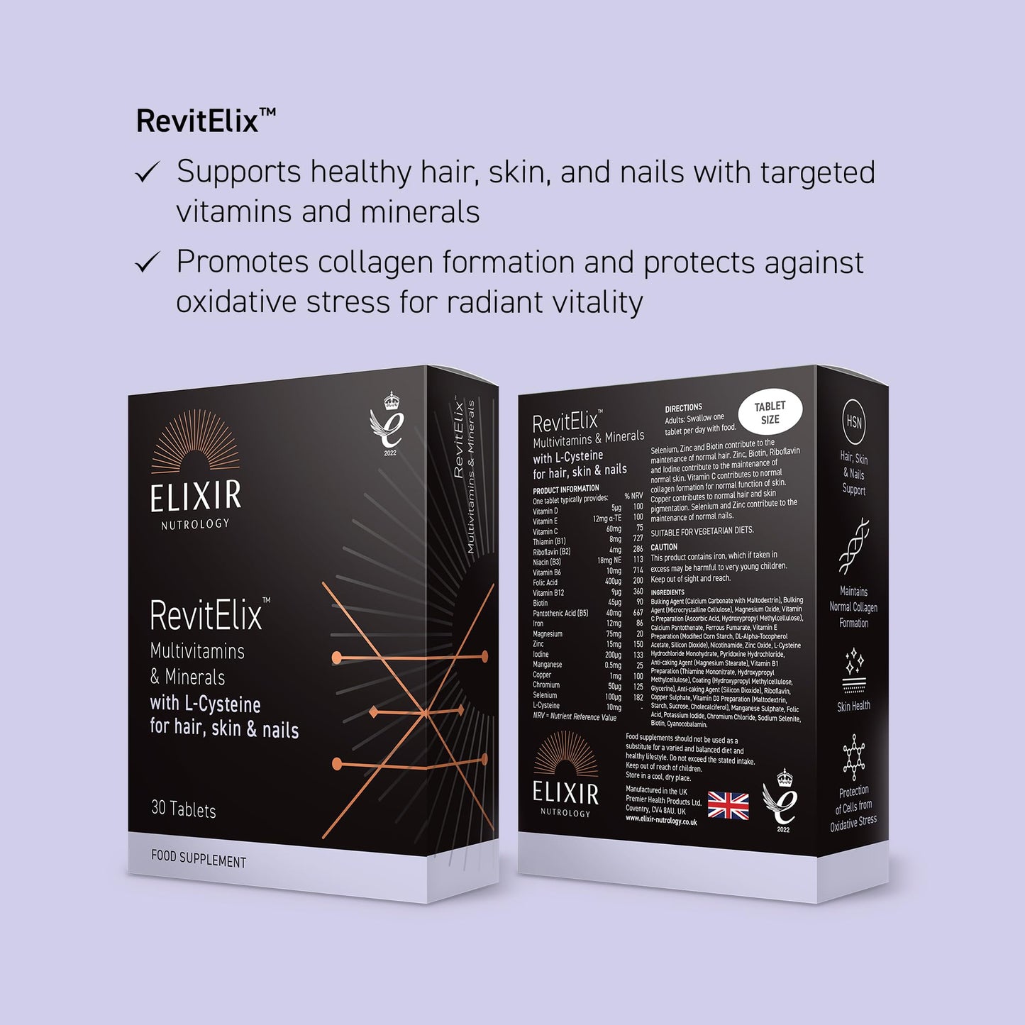 ELIXIR NUTROLOGY Hair Skin & Nails Multivitamins | Supports Normal Hair, Skin & Nail Health | with Biotin, Vitamin C, Vitamin E & Zinc | Collagen Formation & Antioxidant Support | 30 Vegetarian Tablets | UK Made