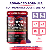 Magnesium Gummies for Kids & Adults - Magnesium Glycinate 400mg with Malate, Zinc, D3, B6 & Taurine – Blueberry & Raspberry Flavours