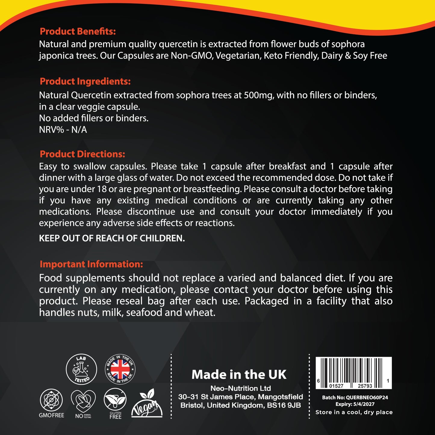 Pure Organic Quercetin - High Potency Quercetin Supplement for Antioxidant Support - Organic Quercitin Antioxidant Supplements for Immune Health & Energy Boost