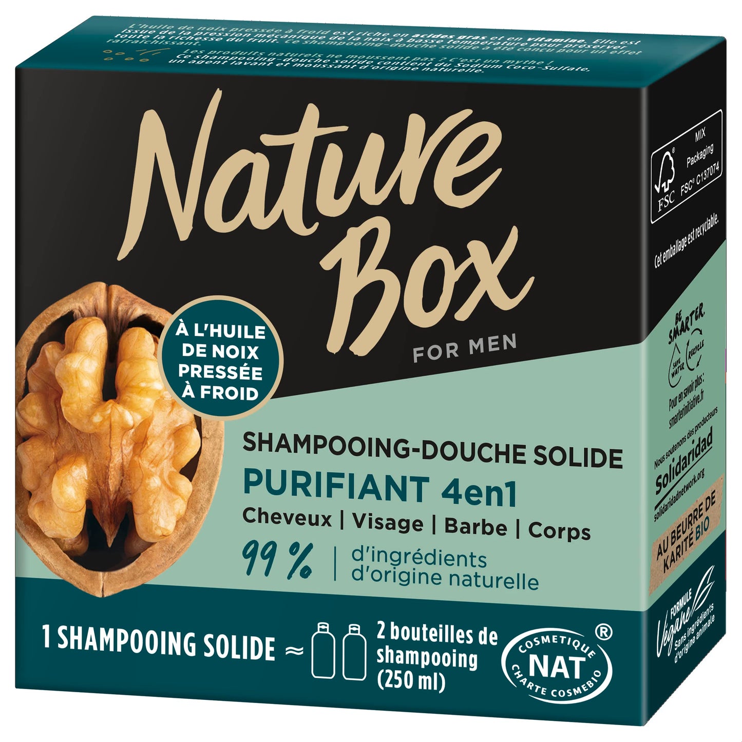 Nature Box - 4 in 1 Solid Purifying Shampoo - With Cold-Pressed Nut Oil - Hair/Scalp/Leather/Beard / Body - 99% Natural Ingredients - Soap of 85 g