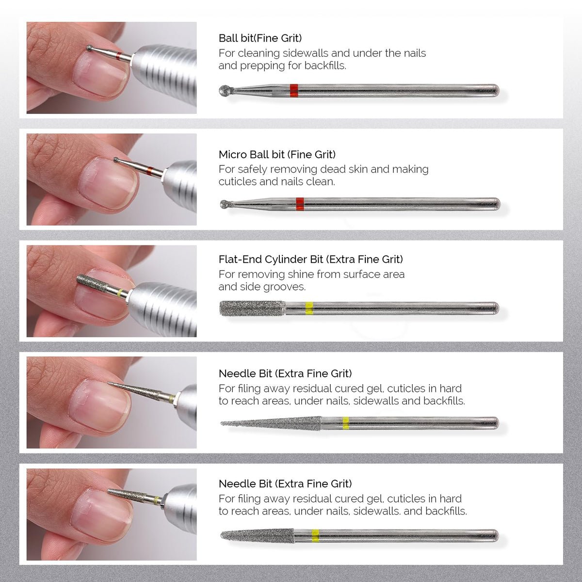 MelodySusie MELODYSUSIE Nail Drill Bits Set Diamond Metal Professional 3/32 Inches, for Acrylic Nails and Electric Nail Files Drill Machine Manicure Pedicure Home Salon Use, 10pcs (Sliver)