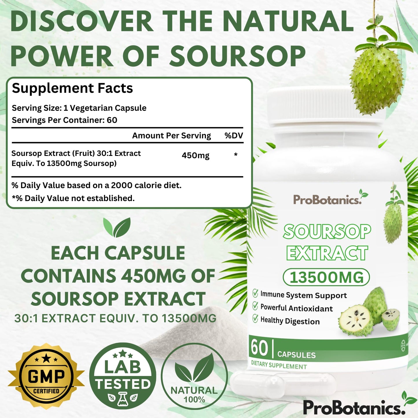 ProBotanics Organic Soursop Capsules | Full Spectrum 13500mg 30:1 Extract Per Serving | Potent Antioxidant & Immune Support - 60 Capsules