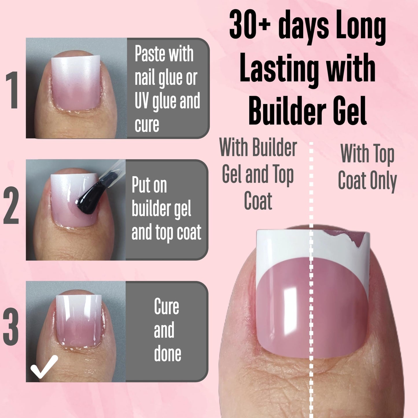 NOVO OVO Ombre French Tip Press on Toe Nail Tips, Sharp Square Pre-Designed Soft Gel False Toenail Extension, BERRY PINK Pre-applied Tip Primer & Base Coat, Full Cover Acrylic DIY x 15 Sizes 240 pcs