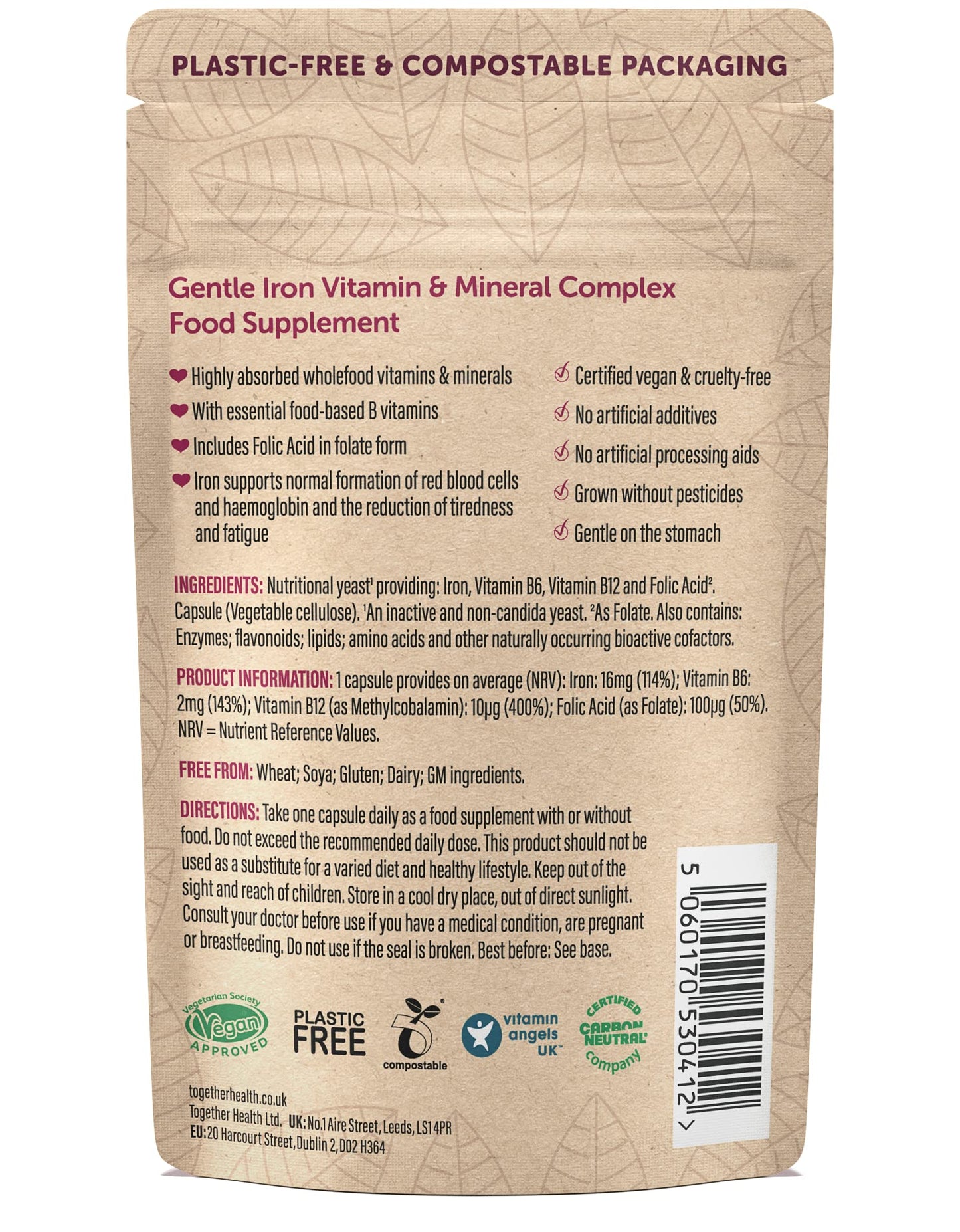 Gentle Iron – Together Health – Whole Food Nutrients – Iron and B Vitamins – Vegan Friendly – Made in The UK – 60 Vegecaps – Pack of 2