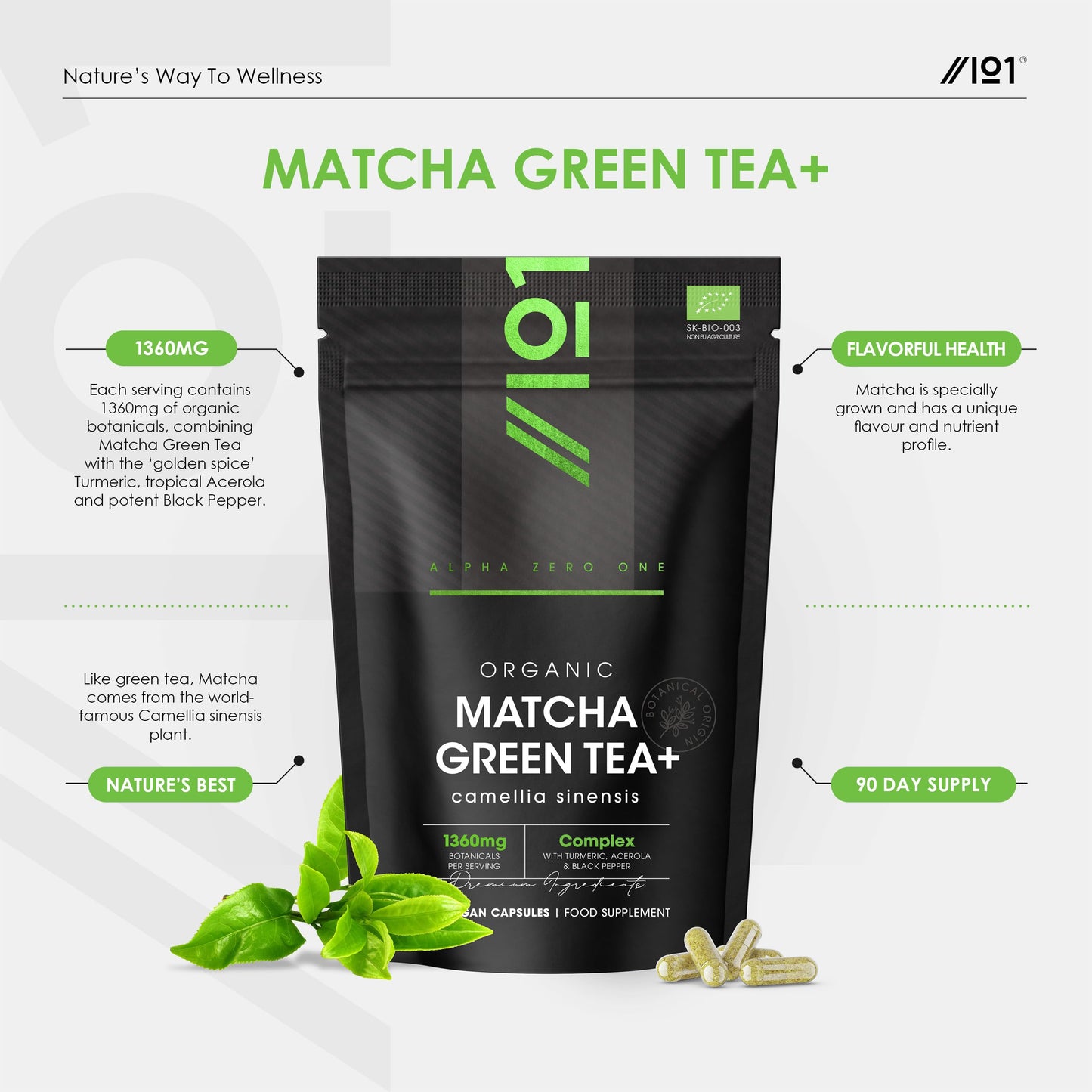 ALPHA01 Organic Matcha Green Tea Extract 1360mg - 180 Vegan Capsules - Boosted with Turmeric, Acerola & Black Pepper – Resealable and Recyclable Pouch by Alpha01
