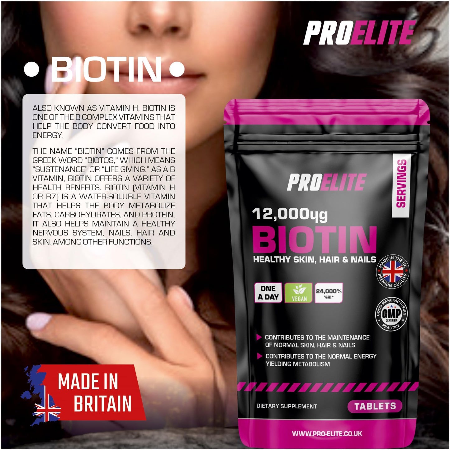 Biotin Hair Growth Supplement 12,000mcg - 60 Vegan High Strength Biotin Tablets - Hair and Nails Vitamins for Women & Men - Supports Hair, Skin & Nail Growth Vitamin B7 Tablets - PROELITE
