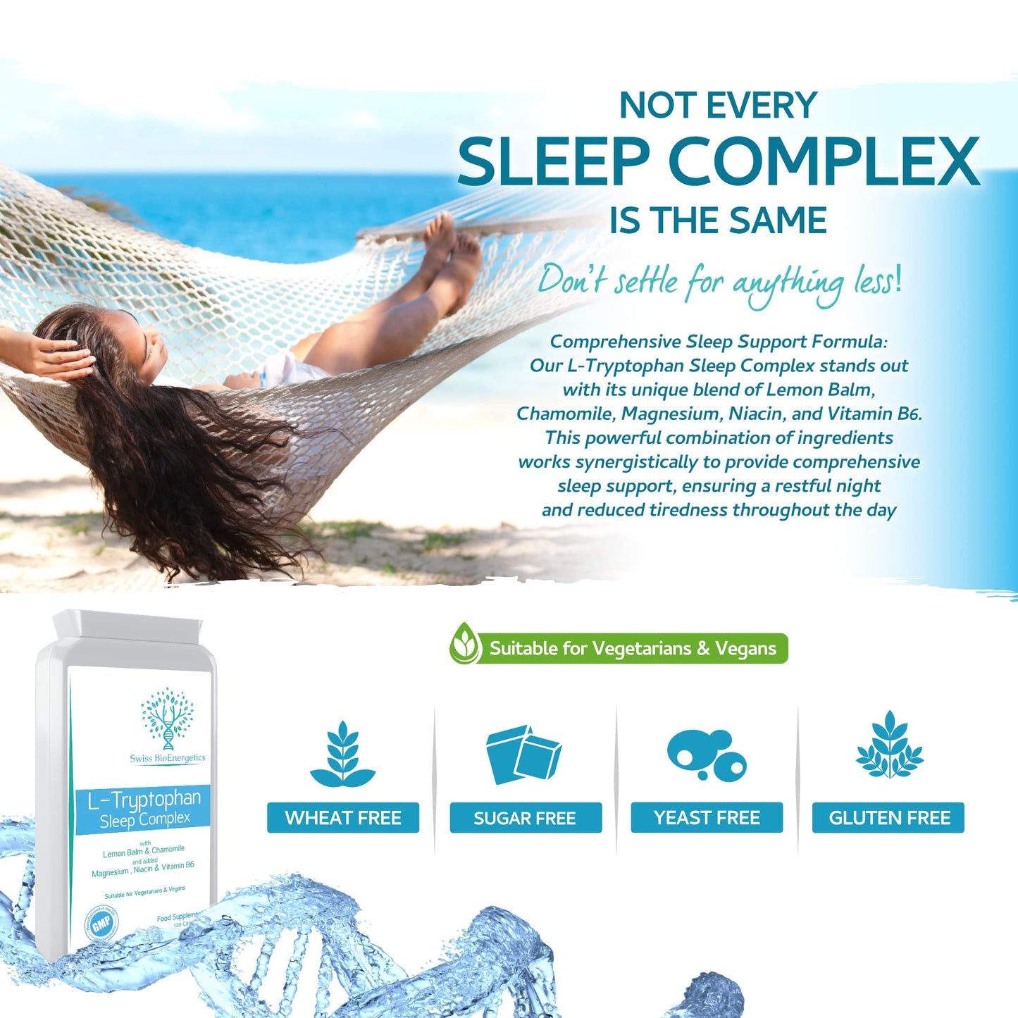 L-Tryptophan Sleep Complex with Lemon Balm & Chamomile and Added Magnesium, Niacin & Vitamin B6 - Natural Alternative to Melatonin - 120 Capsules/ 4 Month Supply – Made in The UK