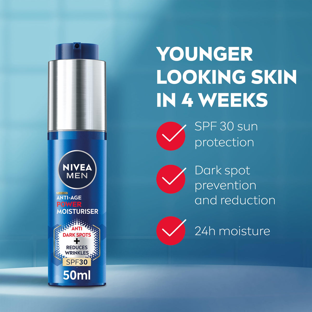 NIVEA MEN Anti-Age 2in1 Power Moisturiser (50ml), With SPF 30, Thiamidol, and Hyaluronic Acid for Sun Protection, Dark Spot Prevention, and Younger-Looking Skin