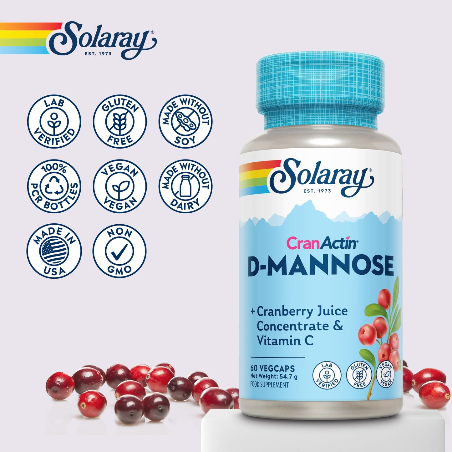 SOLARAY D-Mannose with Cranactin Cranberry and Vitamin C - 60 Vegan Capsules Not Tablets - D Mannose Supplement - Non GMO & Lab Verified - Solaray