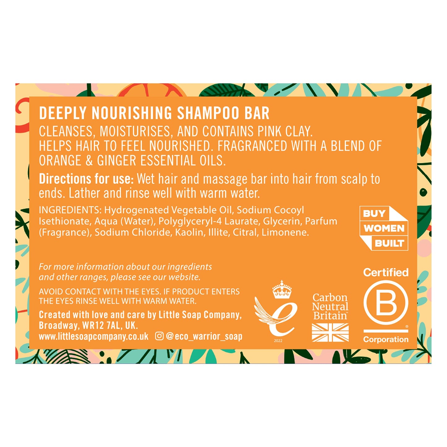 Little Soap Company Eco Warrior Deeply Nourishing Shampoo Bar | Vegan, Cruelty Free, Natural, No SLS or Parabens | Eco Friendly Cleansing | Hydrating Pink Clay, Pure Orange & Ginger Essential Oil for Healthy Hair | 100g