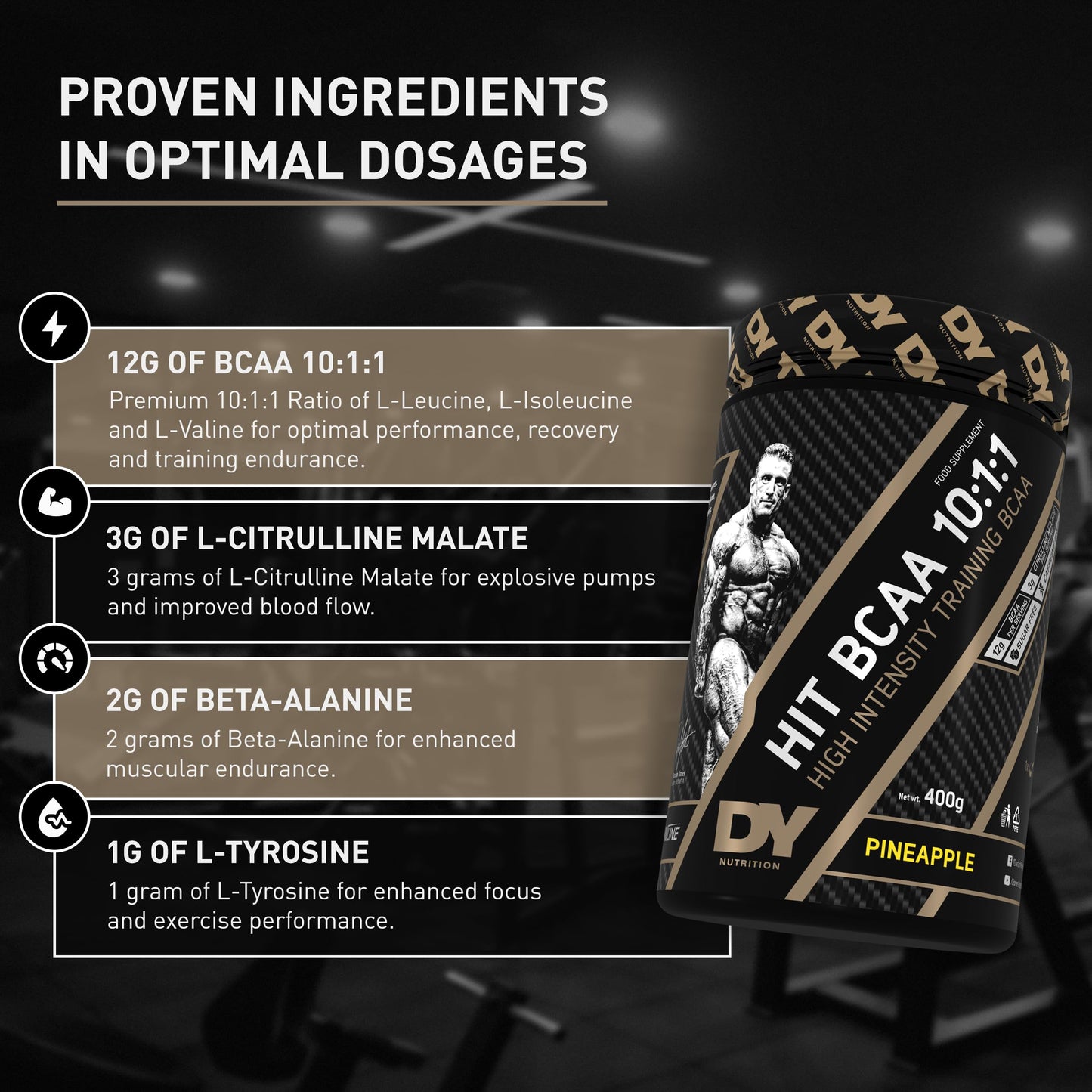 DY Nutrition HIT BCAA 10:1:1 (Pineapple) with L-Citrulline Malate, Beta Alanine + 12g of Branch Chain Amino Acids 400g Powder, 20 Servings - Optimal Pump & Performance | Non Stim Pre & Intra Workout