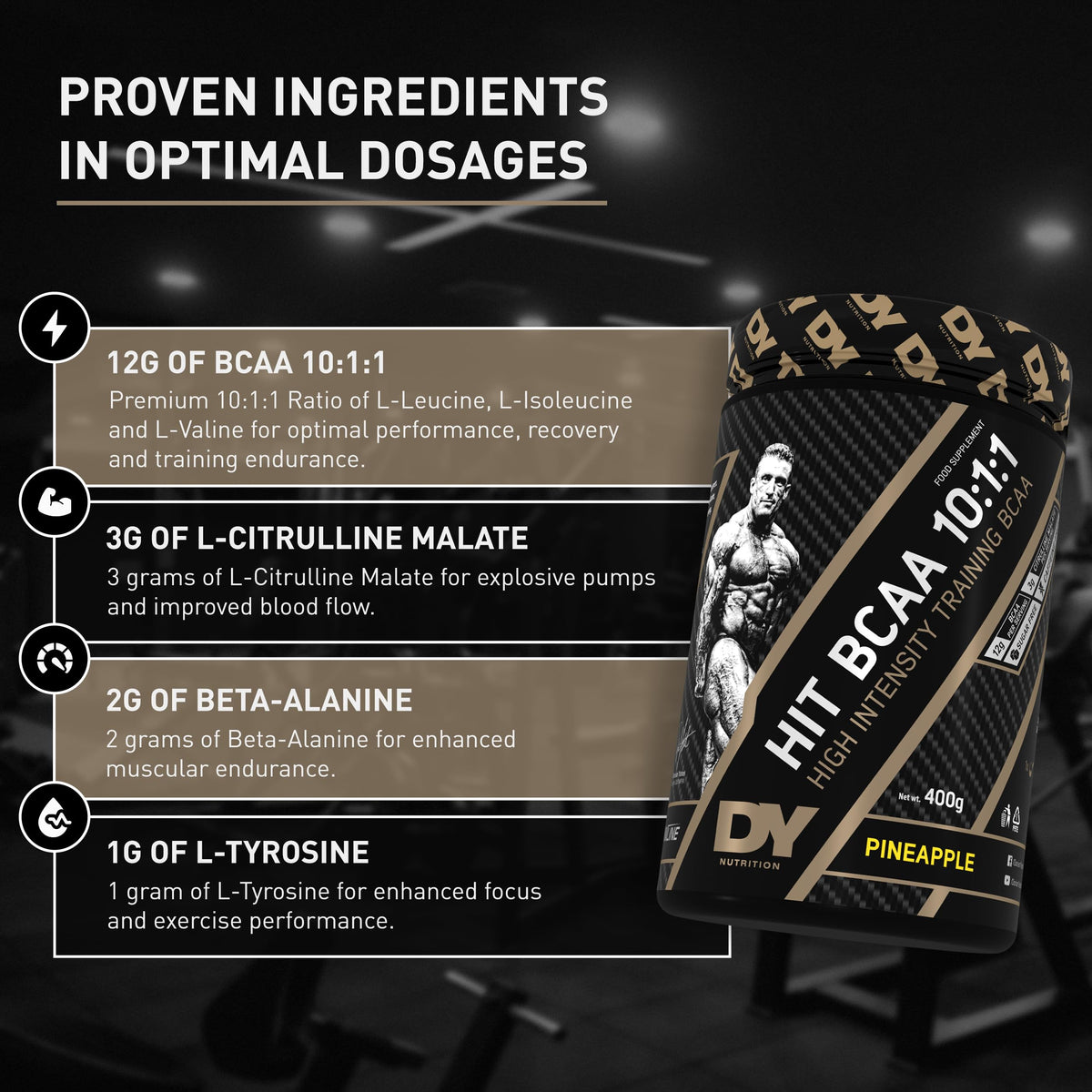 DY Nutrition HIT BCAA 10:1:1 (Orange) with L-Citrulline Malate, Beta Alanine + 12g of Branch Chain Amino Acids 400g Powder, 20 Servings - Optimal Pump & Performance | Non Stim Pre & Intra Workout