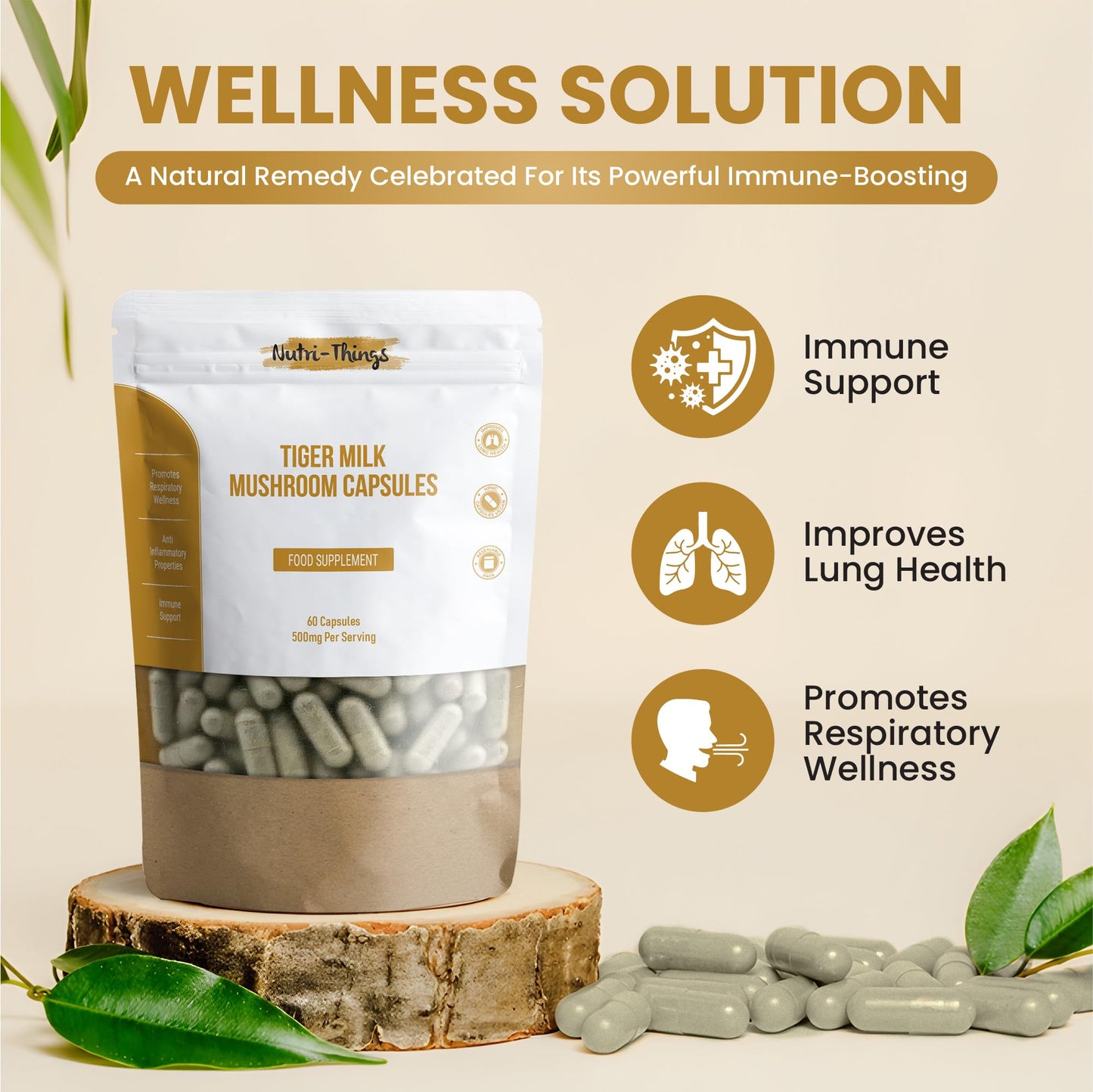 Nutri-things Tiger Milk Mushroom Capsules | Pure 500mg Extract for Immune & Respiratory Support | Vegan-Friendly HPMC | Anti-Inflammatory Benefits | Enhances Lung Health | 60 Count Resealable Pack