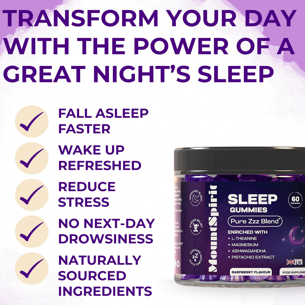 MountSpirit Sleep Gummies | 5-HTP | Zzz Blend ™ Formula for a Restful Night’s Sleep| L-Theanine | Magnesium | Glycine | Chamomile | Lemon Balm | Chamomile | Valeria | Lavender