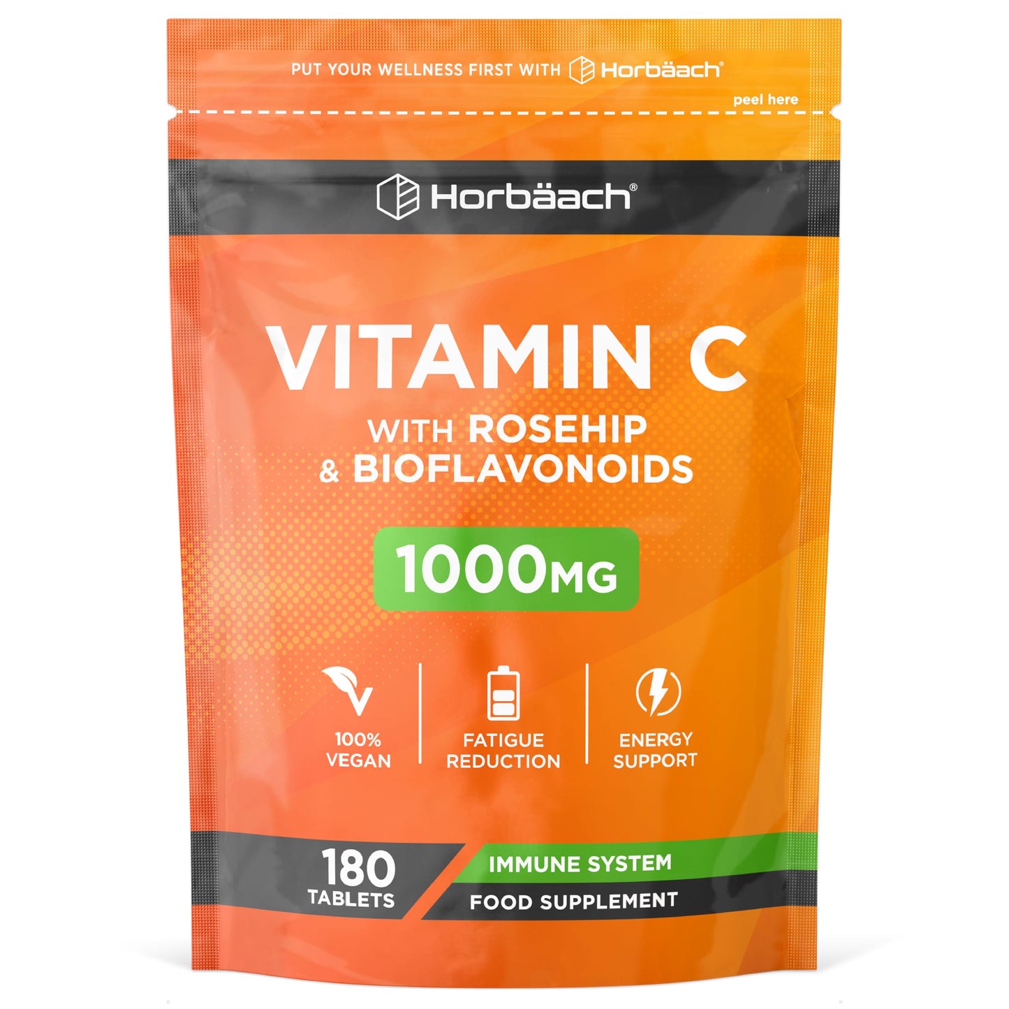 Horbäach Vitamin C Tablets 1000mg | 180 Tablets | Complex Supplement with Rosehip and Bioflavonoids | Vegan and Vegetarian Friendly | by Horbaach