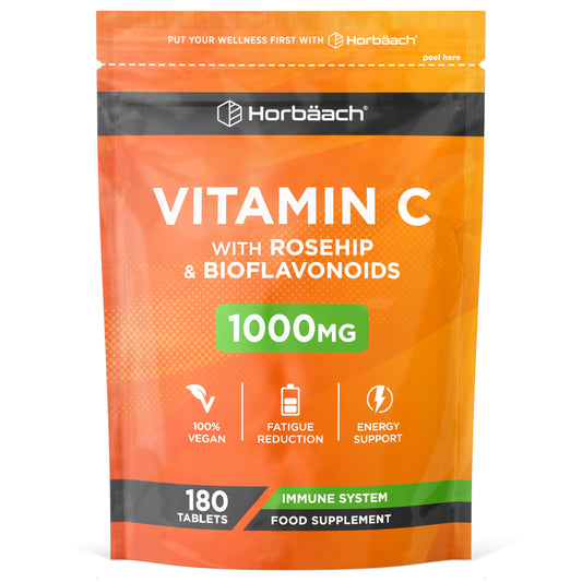 Horbäach Vitamin C Tablets 1000mg | 180 Tablets | Complex Supplement with Rosehip and Bioflavonoids | Vegan and Vegetarian Friendly | by Horbaach