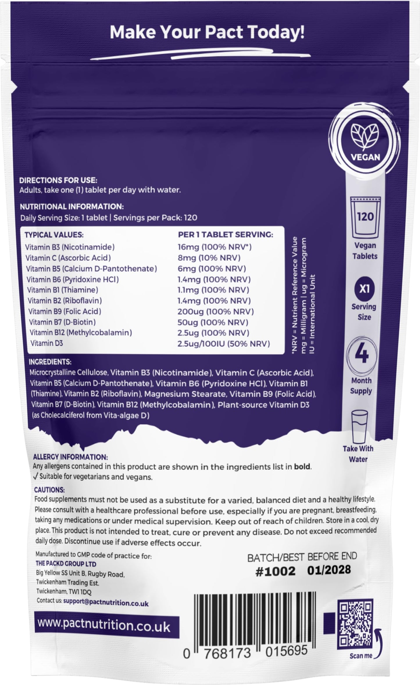 Vitamin B Complex High Strength - with Vitamin D3 & Vitamin C - All 8 Essential B Vitamins - 120 Easy to Swallow Tablets - VIT B Vegan Supplement - Pact Nutrition