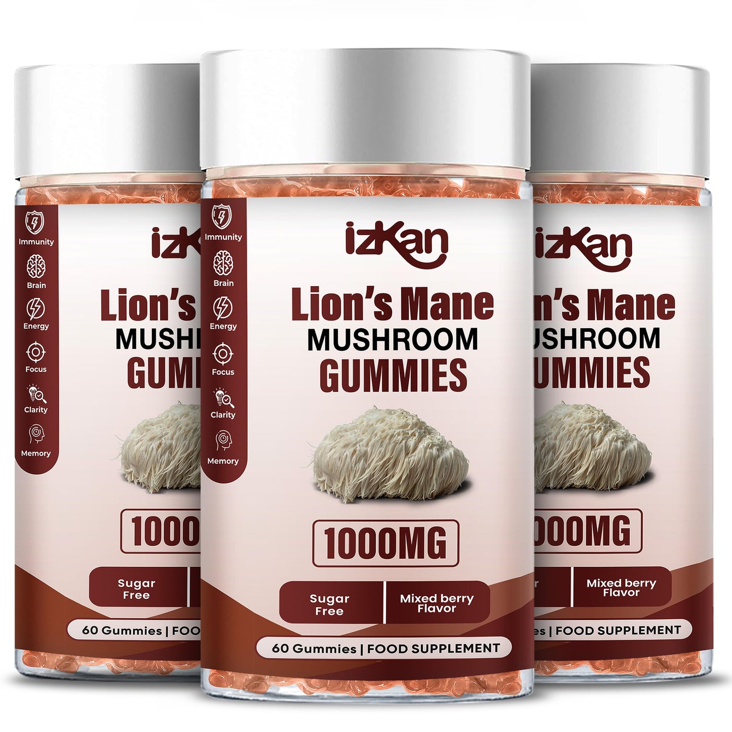 Izkan Mushroom Gummies 1000mg - Lion Mane Mushroom Gummies Supplement Promotes Focus, Memory, and Mood - 60 Count (Mixed Berry Flavor, Halal, Gluten-Free, Vegan) (3)