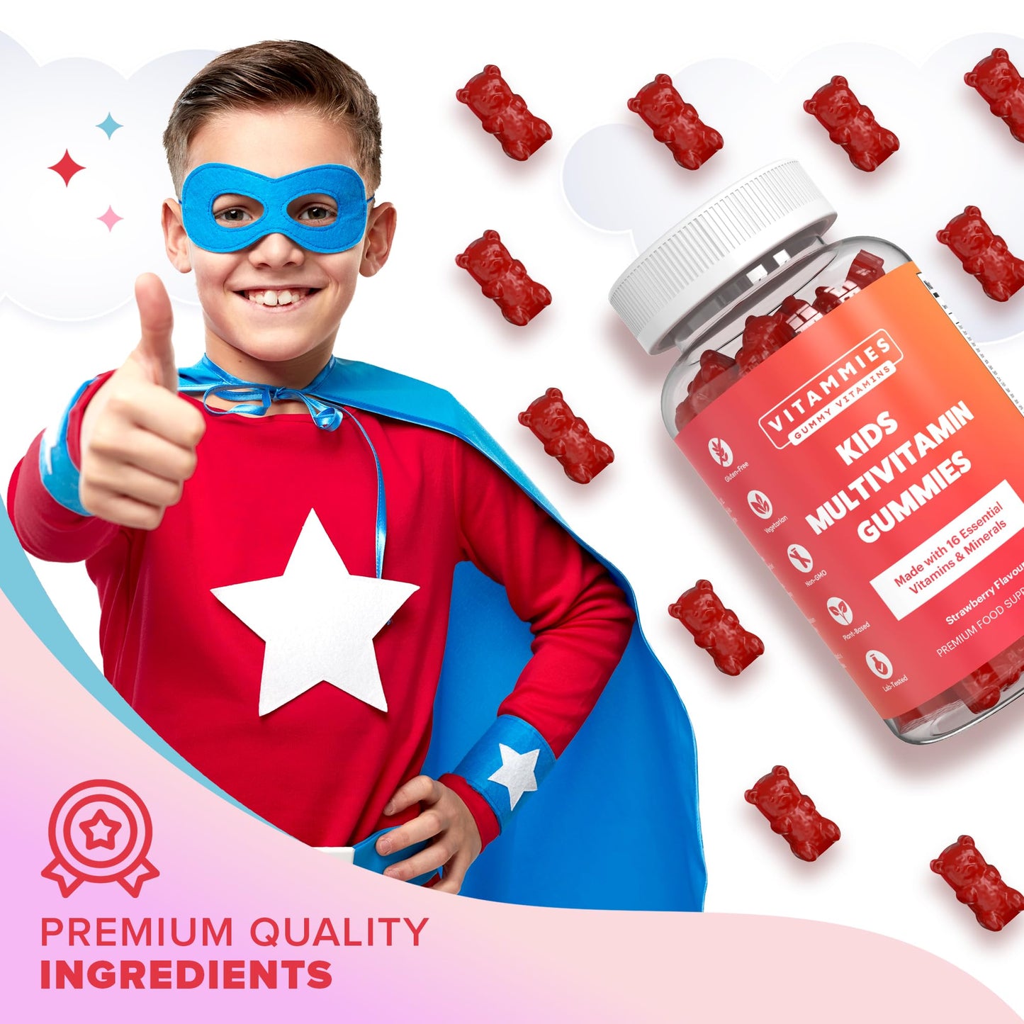 Vitammies Kids Vitamins | Kids Multivitamin Gummies | 3 Month Supply | 16 Essential Nutrients | Vitamin C, A, D3, B2, B6, B12, E, K, Biotin, Iodine, Zinc & More | Non-GMO, Vegetarian, Chewable, 90 Count, GMP