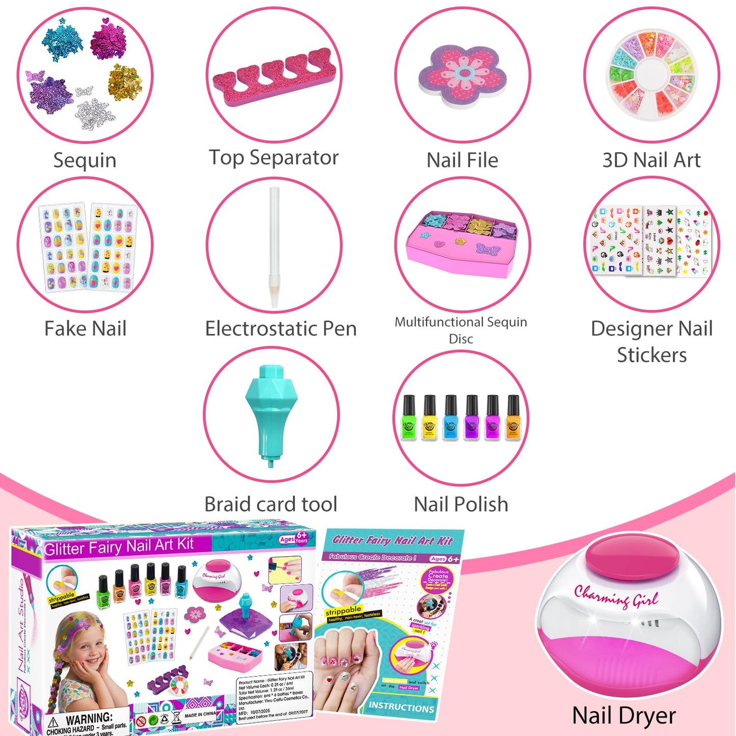 Dkinghome kids Nail Art Kit for Girls, Nail Polish Set Girls Toys Nail Varnish Sets Girl Gifts for Kids Birthday Presents Gifts for 6 7 8 9 10 11 12 years old Girl