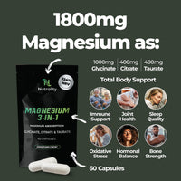 Nutrality Magnesium 3-in-1 Complex Food Supplement | 1800mg High Absorption Glycinate, Citrate and Taurate | 352mg Elemental Magnesium | Muscle, Sleep & Nerve Support | Made in UK | 60 Vegan Capsules
