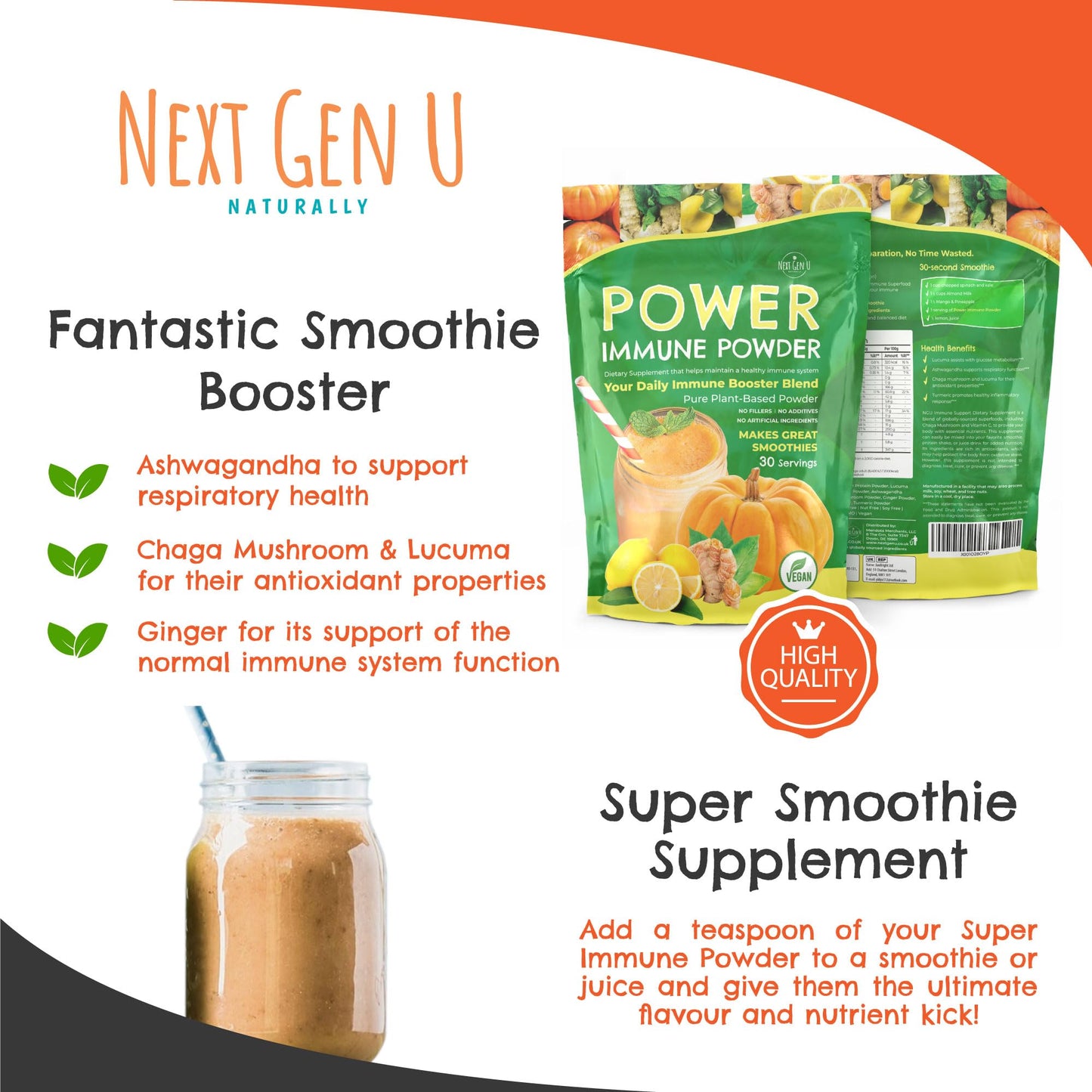 Immune Support Supplement Powder 150g, Superfood Booster for Adults, Vegan Immunity Health Powder for Smoothies, Plant - Based & Gluten Free w/Natural Vitamins & Antioxidants