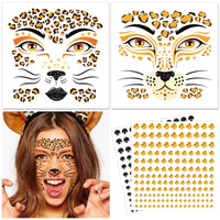 DPKOW Leopard Face Tattoos & Gems, Temporary Tattoos & Face Gems for Kids & Adults, Waterproof, Leopard Print