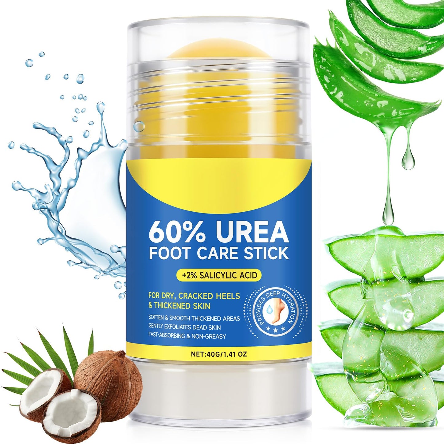 60% Urea with 2% Salicylic Acid Urea Foot Care Stick, Foot Cream Moisturizer for Dry Cracked Feet, Knees, Elbows, Hands,Moisturizes and Hydrates the Dry Skin,Callus Remover & Skin Softener -1.41oz