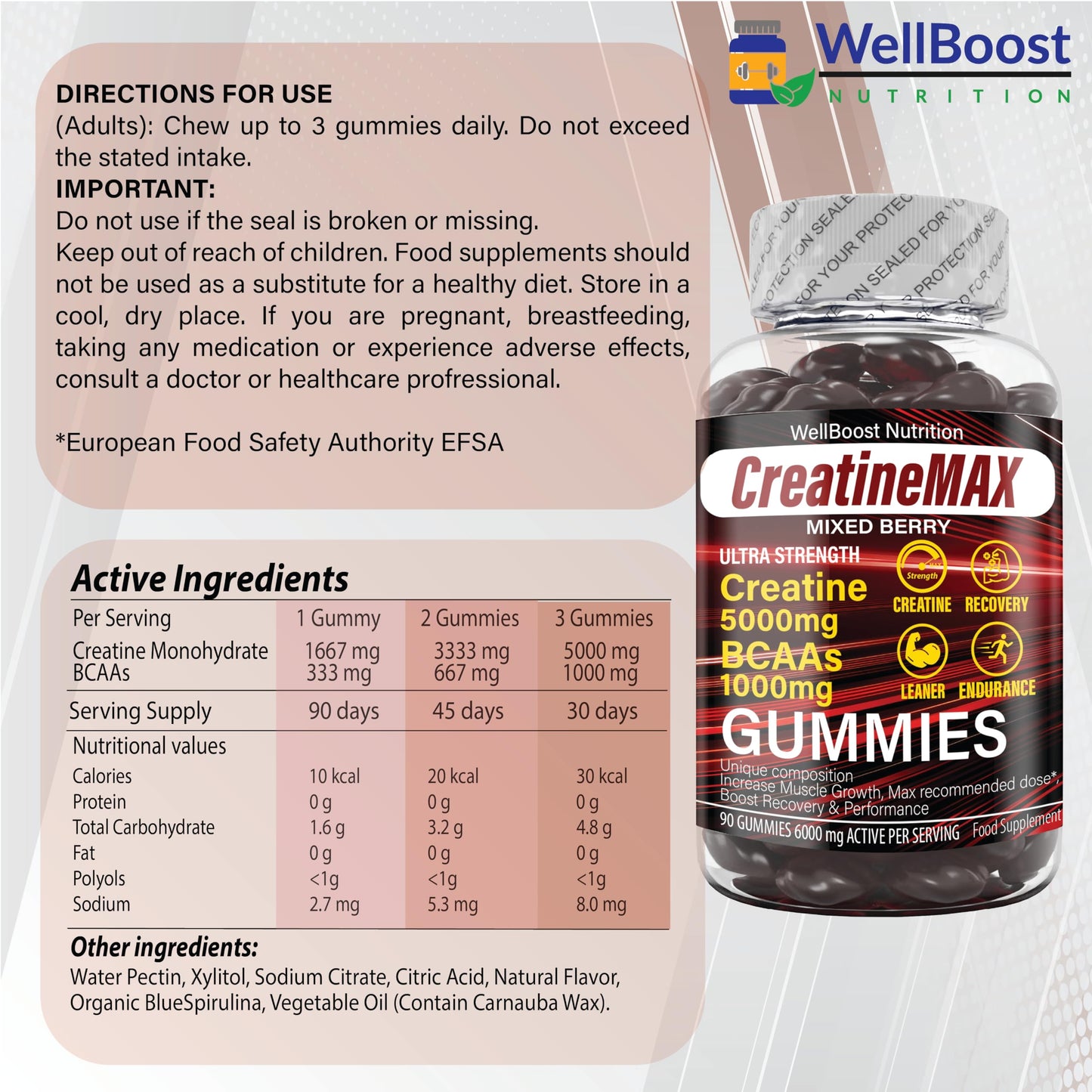 Creatine MAX 90 Gummies 5000mg Creatine Monohydrate, 1000mg BCAAs per serving - Chewable Vegan Sugar Free Gummies, Mixed Berry Flavour (1 month supply)