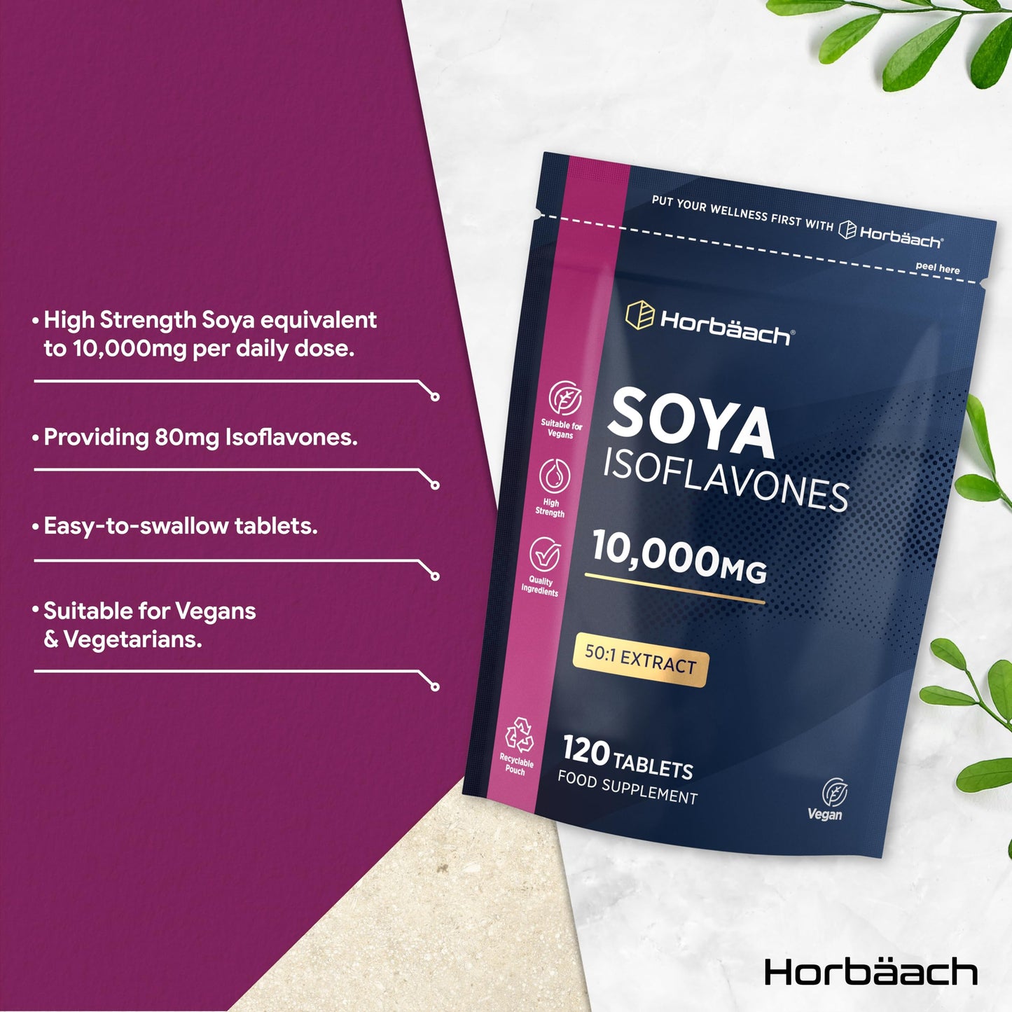 Horbäach SOYA Isoflavones 10,000mg | 120 Vegan Tablets | High Strength SOYA Bean Extract | Providing 80mg Isoflavones | by Horbaach
