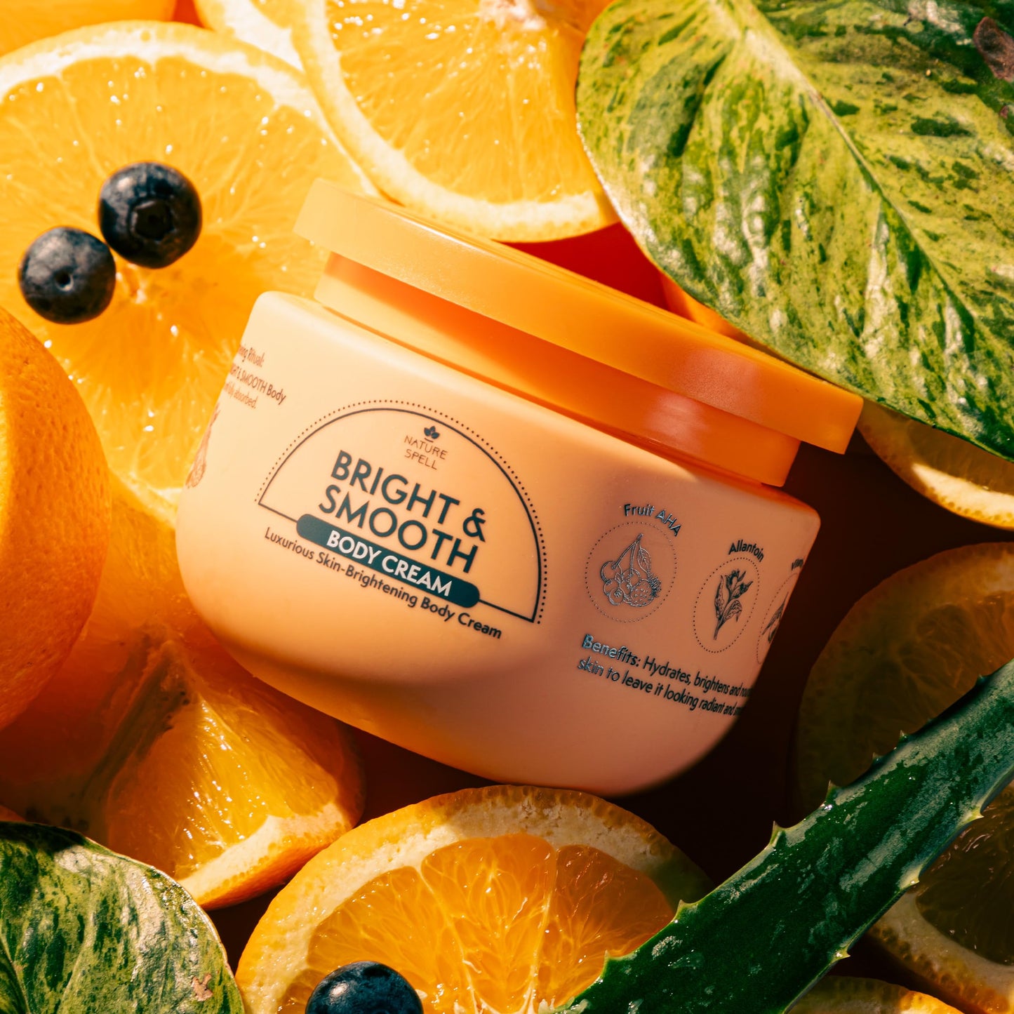 Nature Spell Bright & Smooth Body Cream, Brightening and Hydrating for All Skin Types, with Vitamin C, Fruit AHA, Allantoin, Vegan, 250ml