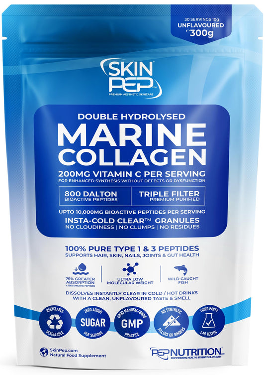 Marine Collagen Powder Clean Unflavoured - 10,000mg Double Hydrolysed Collagen Peptides per Serving - Ultra Premium for Maximum Absorption Hair, Skin & Nails - 300g, 30 Servings by SkinPep
