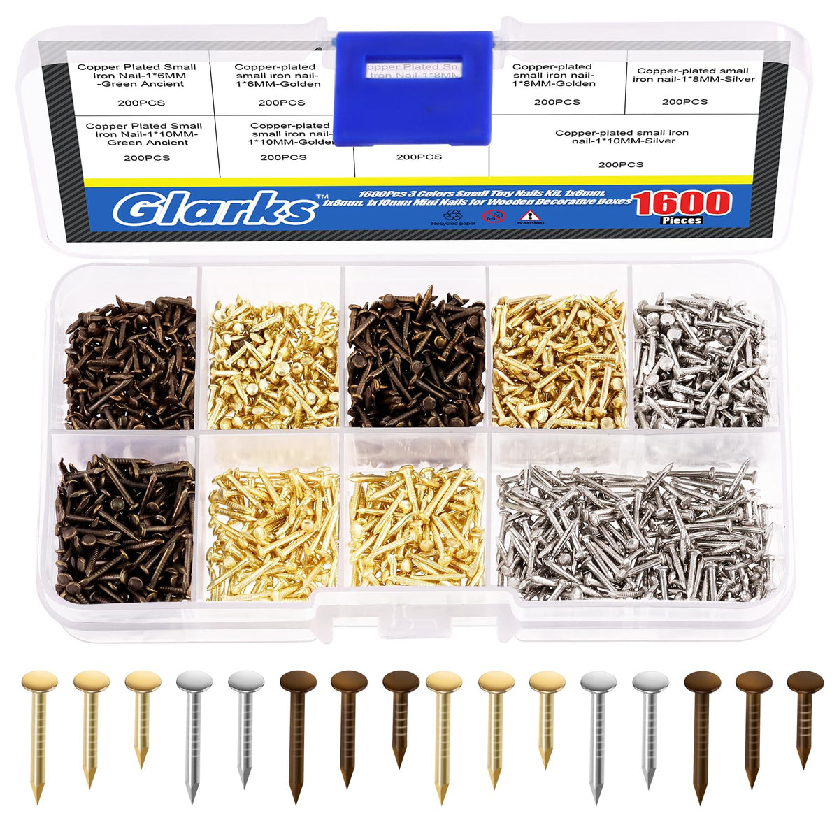 GLARKS Glarks 1600Pcs Small Tiny Nails Kit Wood Screw Nail Gold Silver Bronze 1x6mm, 1x8mm 1x10mm Mini Nails for DIY Hardware Accessories Fixed Installation