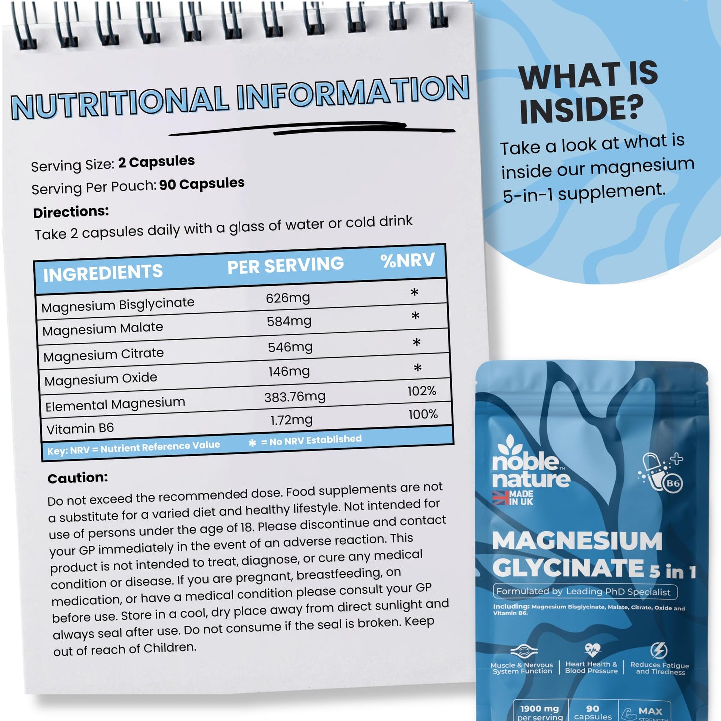 NobleNature Magnesium Glycinate 5-in-1 Complex Formulated by PhD Expert High Strength 1900mg Supplements as Bisglycinate, Malate, Citrate, Oxide & Vitamin B6-90 GMO Free Capsules, 384mg Elemental, UK Made (90)