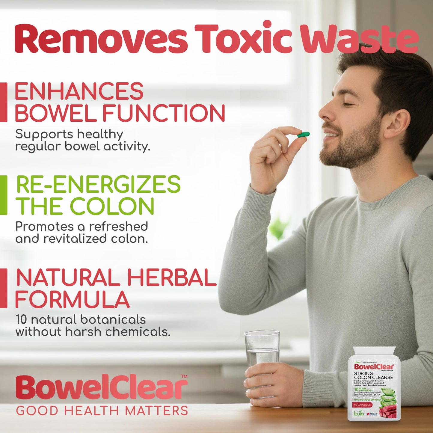 Kula Nutrition BowelClear - Strong Colon Cleanse Detox – Fast-Acting Herbal Laxatives for Constipation Relief in Adults - Natural Stool Softener with Aloe Vera, Fibre for Regular Bowel Movements - 90 Vegan Capsules