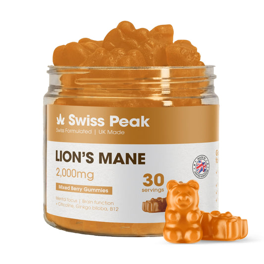 Swiss Peak Lion's Mane 2000mg Max-Strength Gummies, Ginkgo Biloba, Citicoline, Cordyceps, Vitamins B5, B12, 30 Pieces, UK Made | Mental Clarity, Effective Alternative to Capsules and Tablets