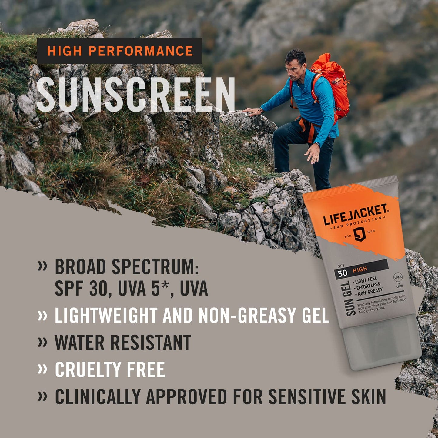 LIFEJACKET LifeJacket Sun Protection Gel SPF 30 UVA, UVA 5* Sun Cream/Sunscreen factor 30, Face + Body 200ml Lightweight, Non-greasy, Water resistant, Cruelty free, Clinically Approved for Sensitive & Dry Skin