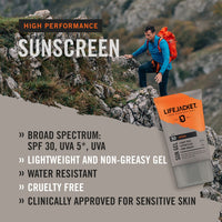 LIFEJACKET LifeJacket Sun Protection Gel SPF 30 UVA, UVA 5* Sun Cream/Sunscreen factor 30, Face + Body 200ml Lightweight, Non-greasy, Water resistant, Cruelty free, Clinically Approved for Sensitive & Dry Skin