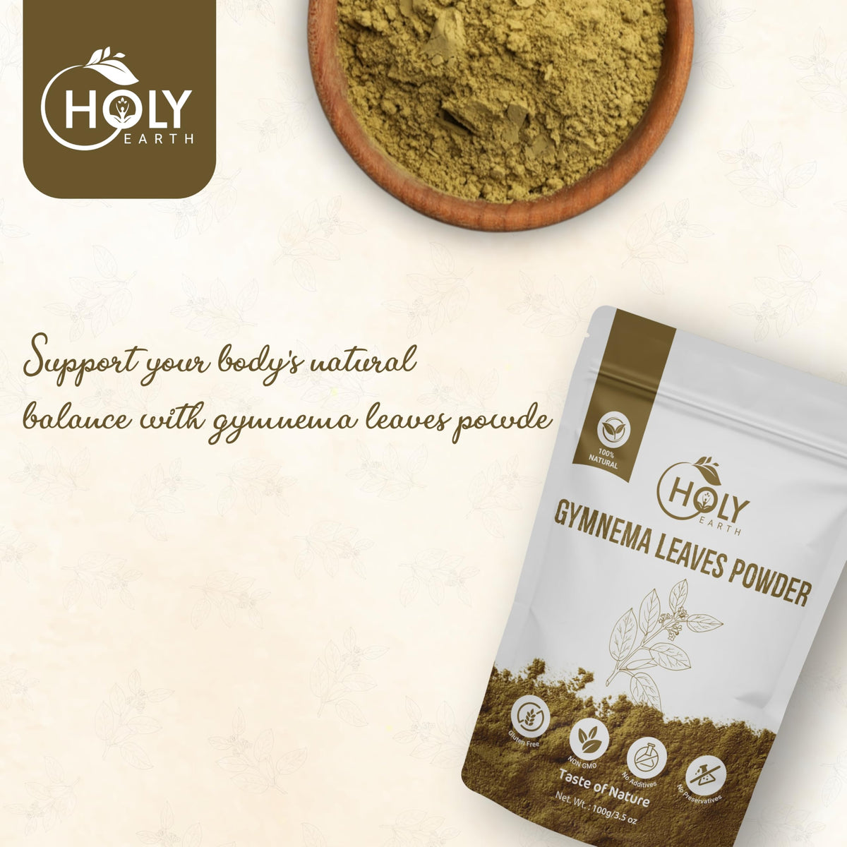Holy Earth Gymnema/Gurmar Leaves Powder (Gymnema sylvestre) 100g/3.5 oz | 100% Natural, Gluten-Free, No Additives,