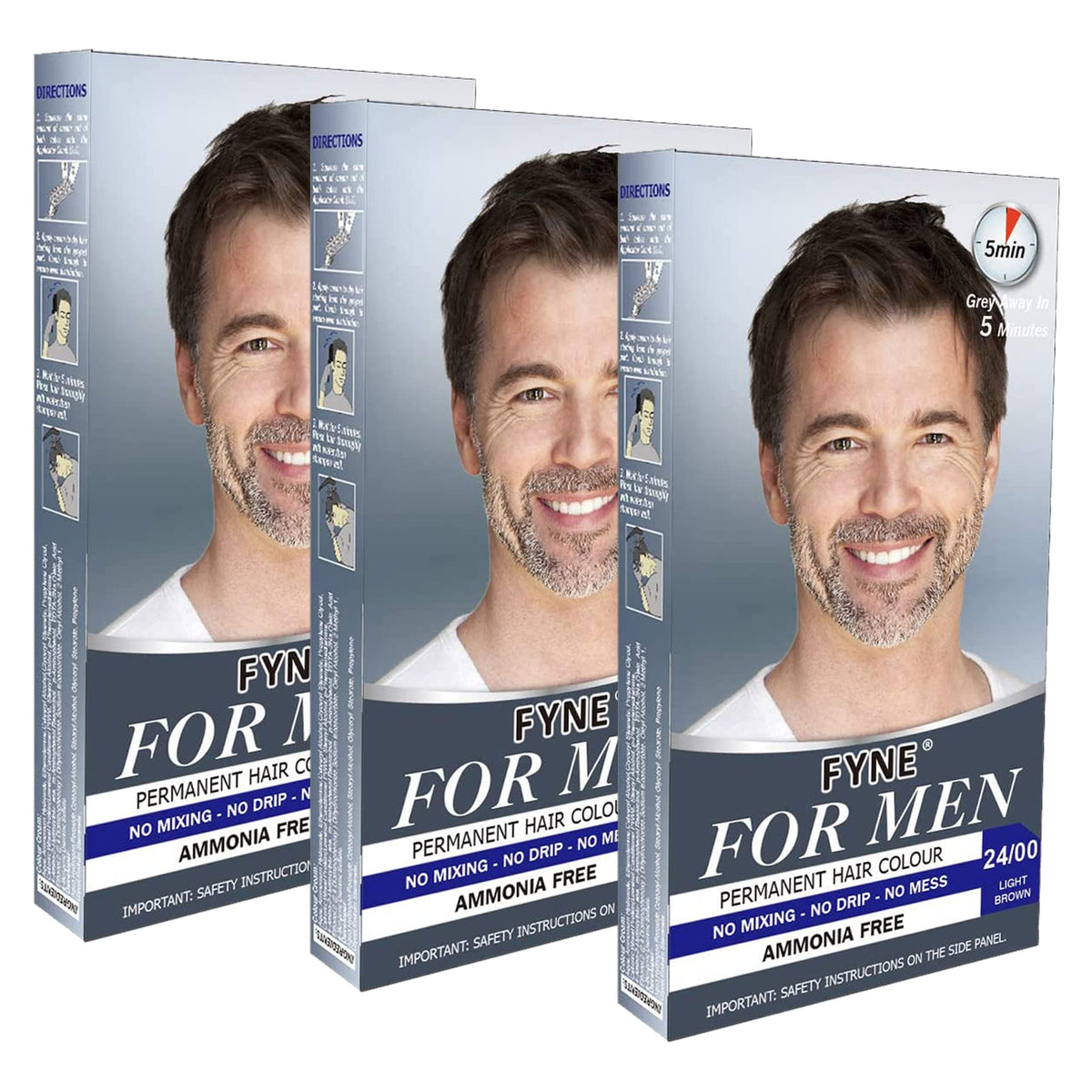 FYNE - Light Brown Permanent Hair Colour | Pack of 3 | Grey Hair Colouring for Men with Comb Applicator Included | Natural-Look Hair Dye | No Mixing Ready to Apply | Ammonia and Cruelty-Free