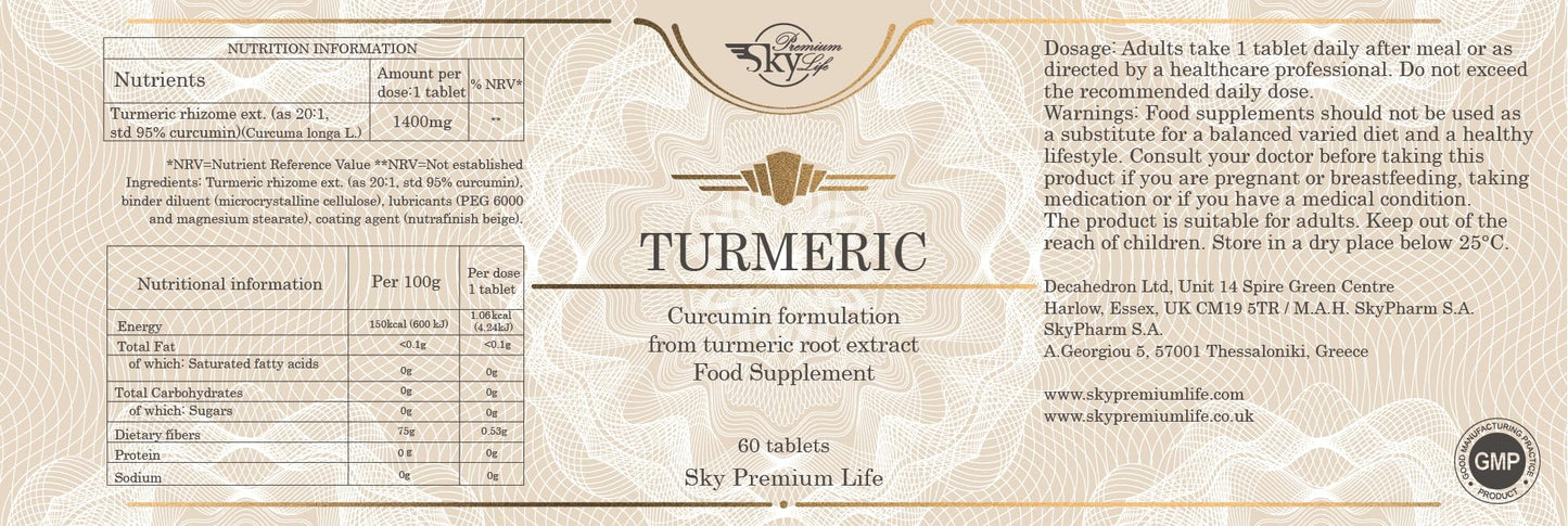 Sky Premium Life Turmeric 1400mg Food Supplement - Curcumin Formulation from Turmeric Root Extract - 60 Tablets